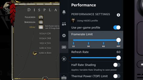 Hades Steam Deck (Settings, Performance, Controls).